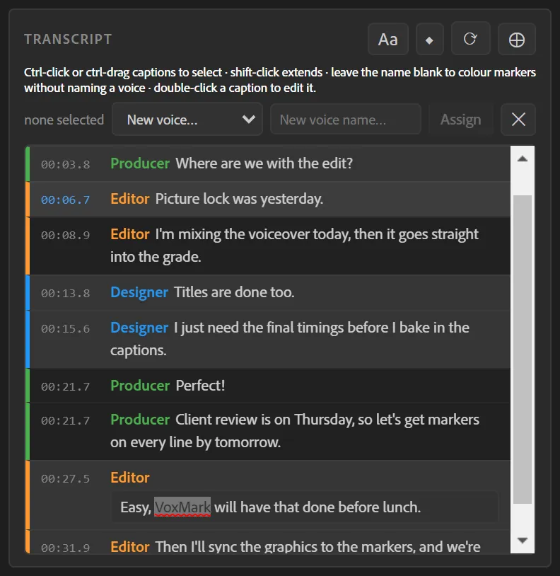Editing a caption in place: the transcription heard “Boxmark”, corrected here to “VoxMark”