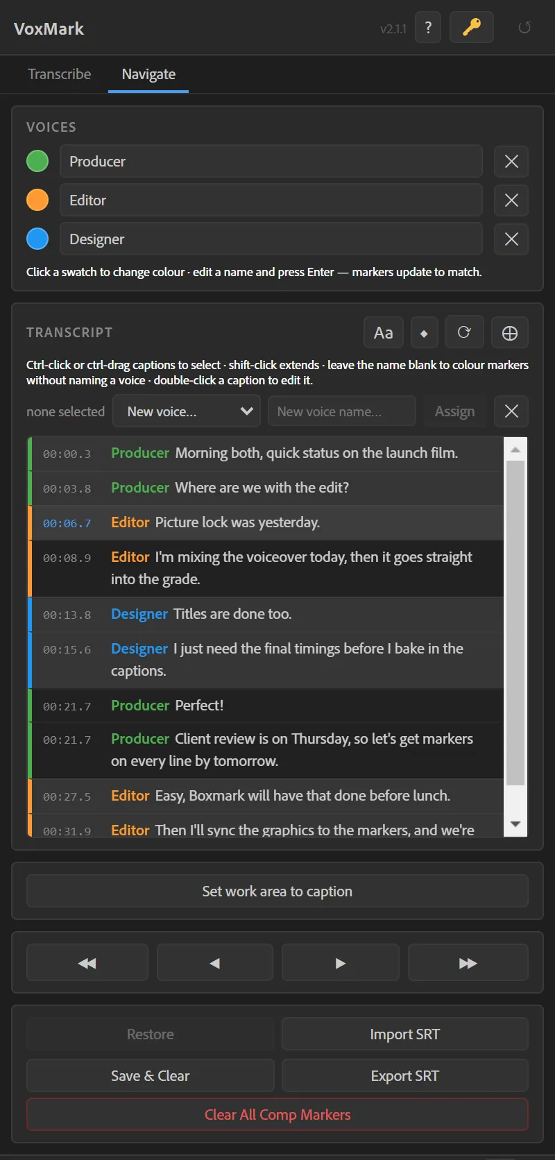 The Navigate tab: three named voices above a timecoded transcript, each caption coloured by voice