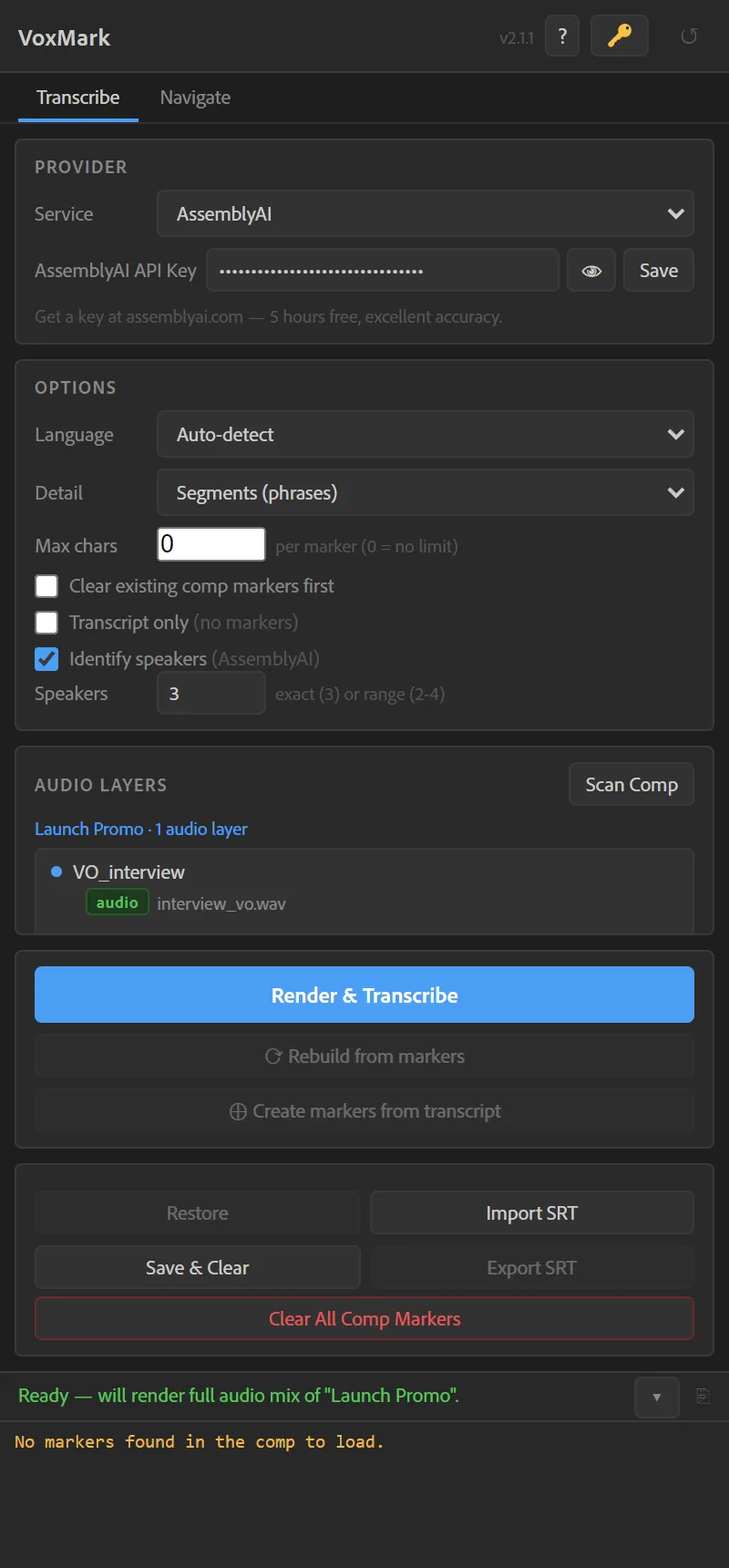 The Transcribe tab with AssemblyAI chosen, three speakers expected, and one scanned voiceover layer ready to render