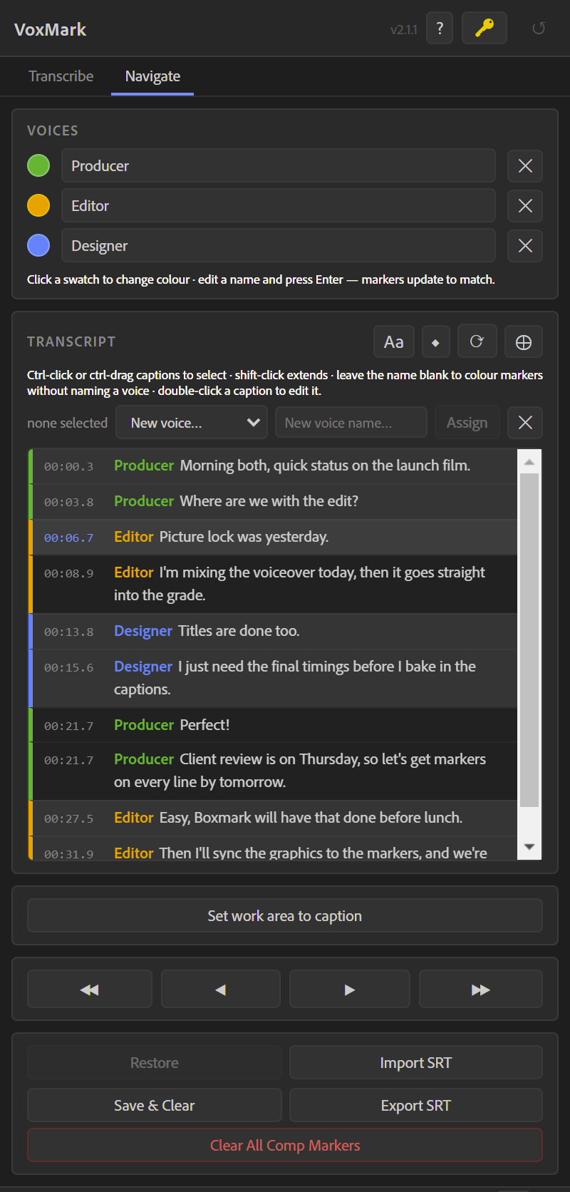 The VoxMark panel’s Navigate tab: three named voices in green, orange and blue above a clickable, timecoded transcript